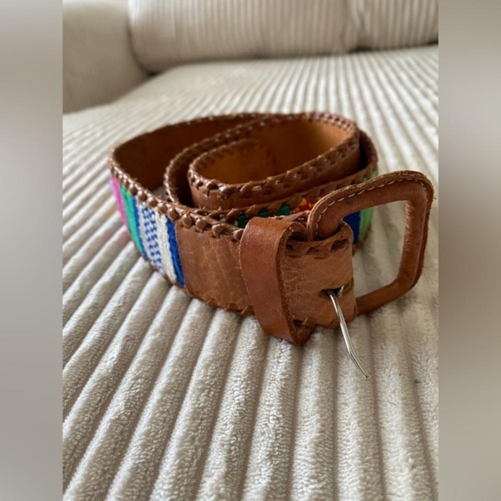 VINTAGE BOHO WOVEN FABRIC AND LEATHER BELT SIZE 33‎ INCHES